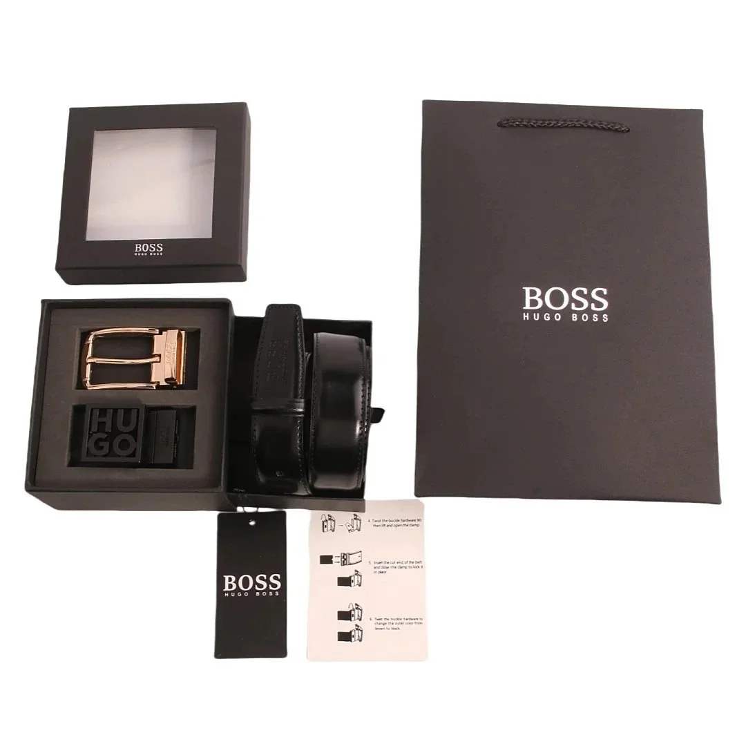 HUGO BOSS Black Leather Belt with Gold Buckle