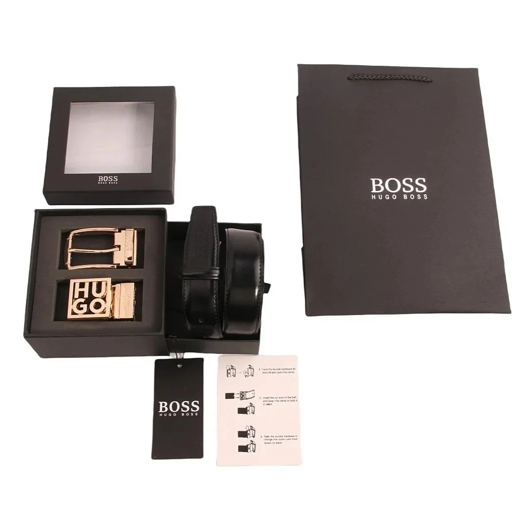 Hugo Boss Black Leather Belt with Gold Buckle