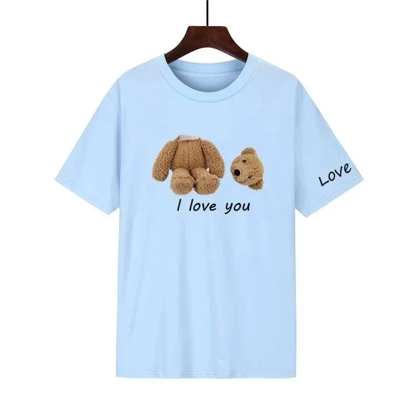 Light Blue Bear Print T-Shirt Casual