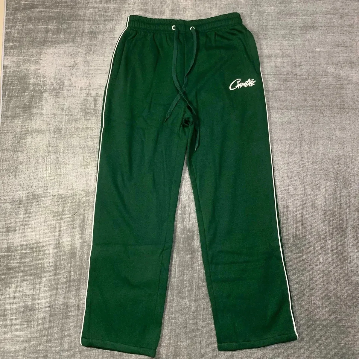 Green Track Pants with White Stripe