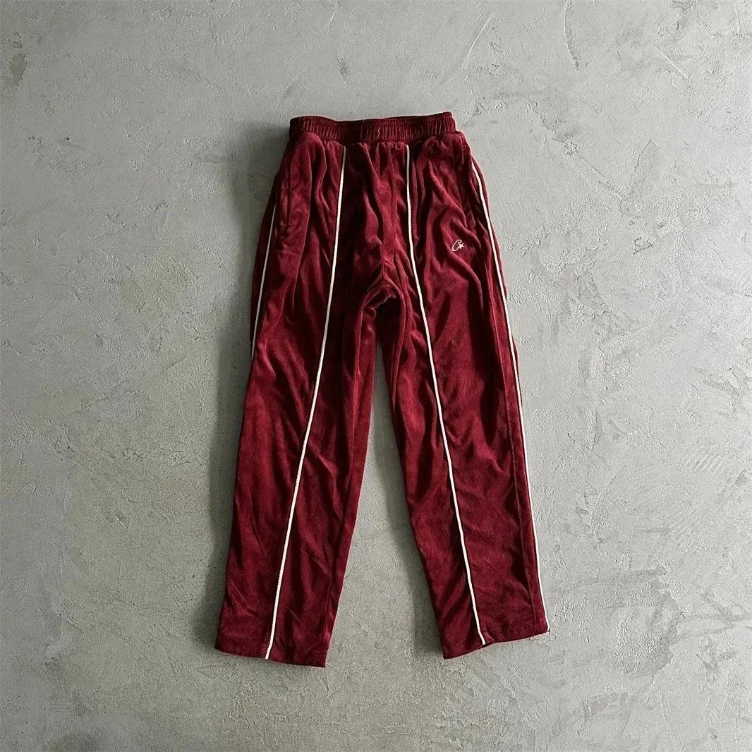 Velvet Track Pants with White Stripes