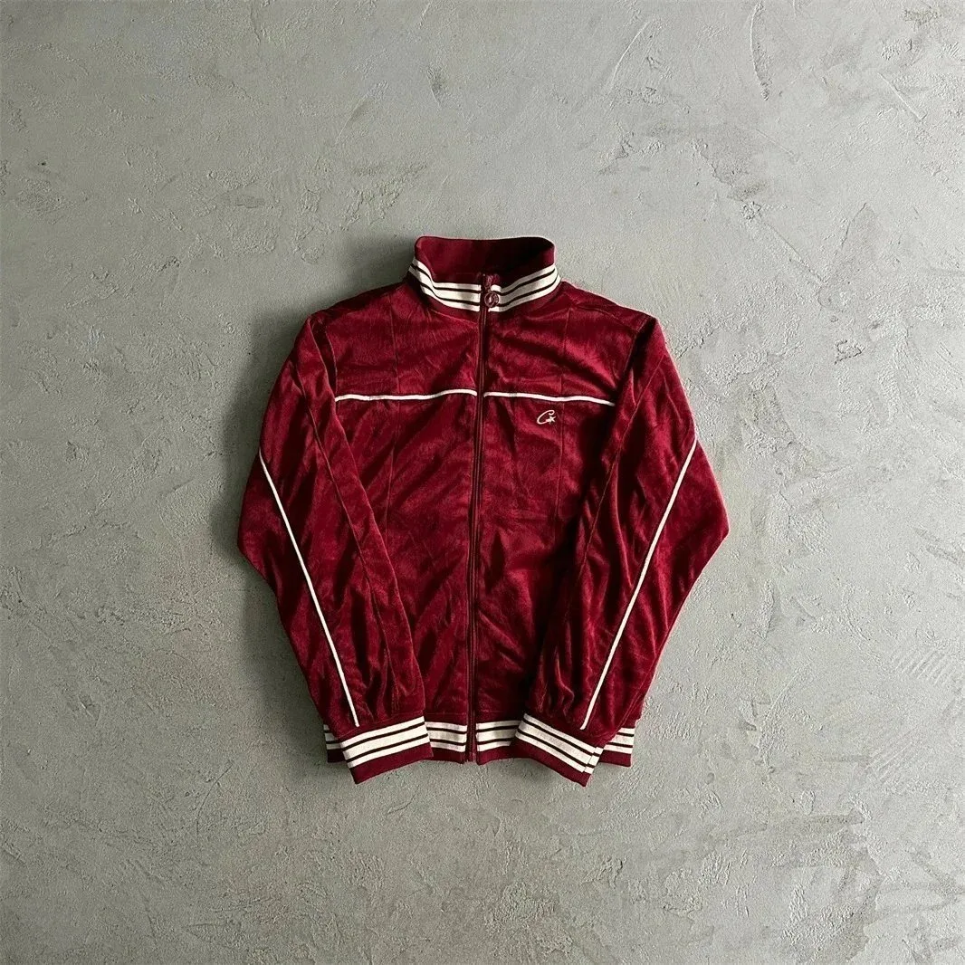 Velvet Track Jacket in Burgundy with White Stripes