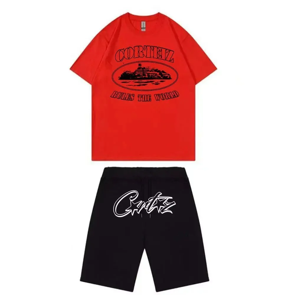 Corteiz 8 Rules the World Red & Black Co-ord Set