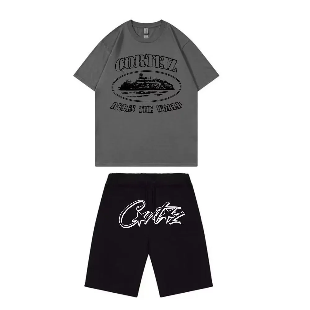 Corteiz Rules the World Set - Grey Top & Black Shorts