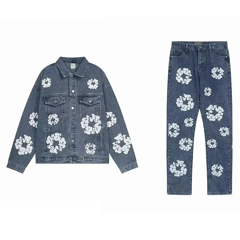 Floral Denim Jacket & Jeans Set in Blue