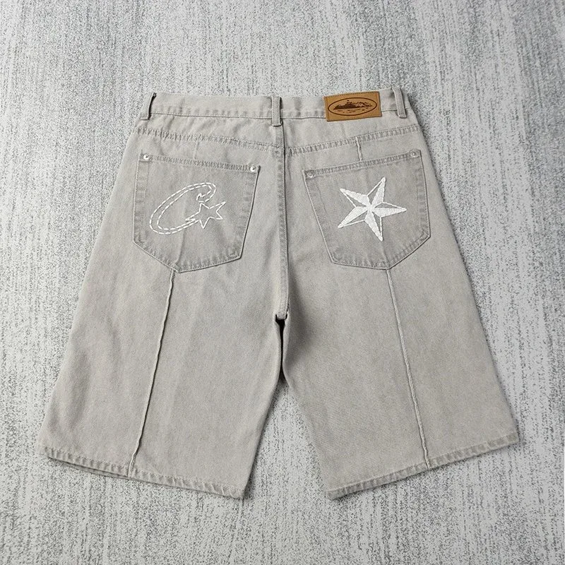Other CR001 Grey Denim Shorts with Embroidered Stars Grey - 1