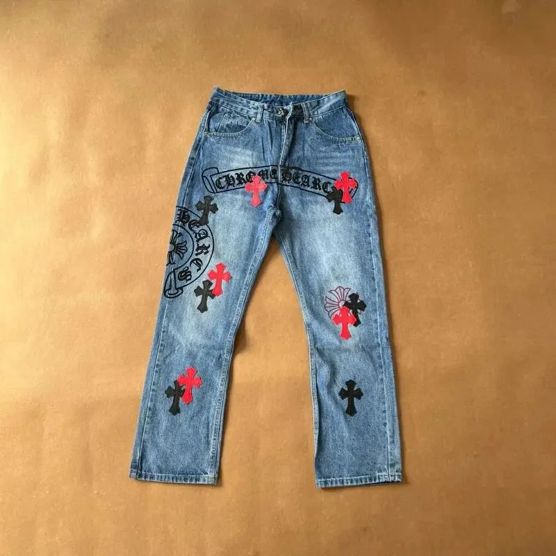 Chrome Hearts Chrome Hearts CH Cross Red Cross Large Horseshoe Jeans Blue