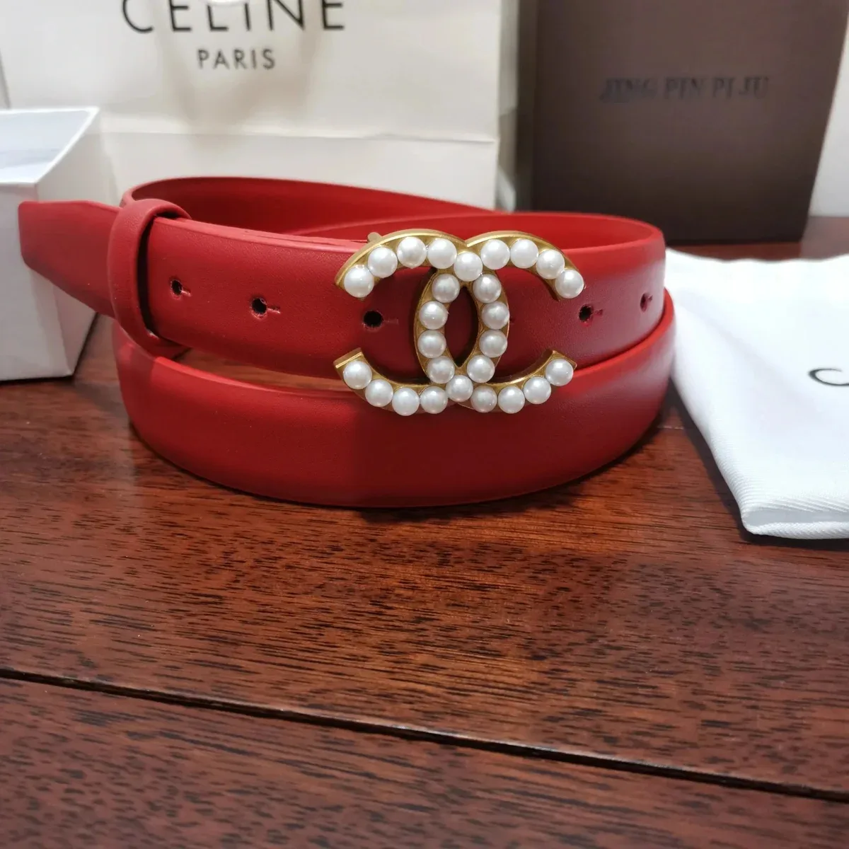 Chanel Chanel CC Pearl Red Leather Belt Red