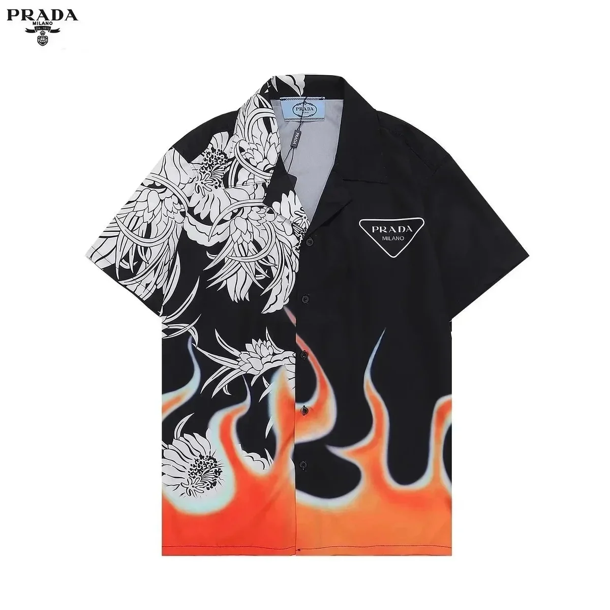 Prada Prada Flame & Floral Print Short-Sleeve Shirt Black - 1