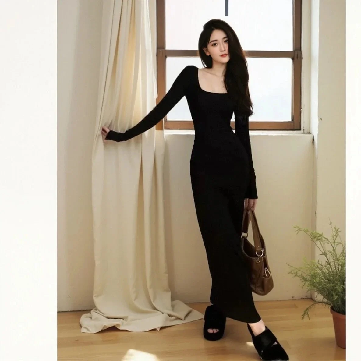 Other Black Square Neck Long Sleeve Maxi Dress Black - 1