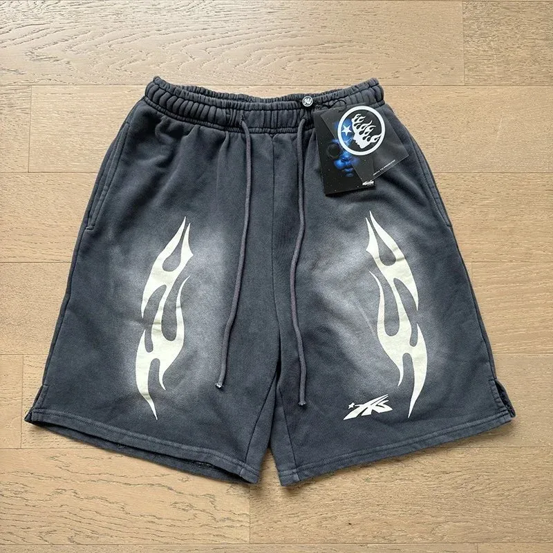 Other Unisex Washed Grey Flame Print Sweat Shorts Grey - 1