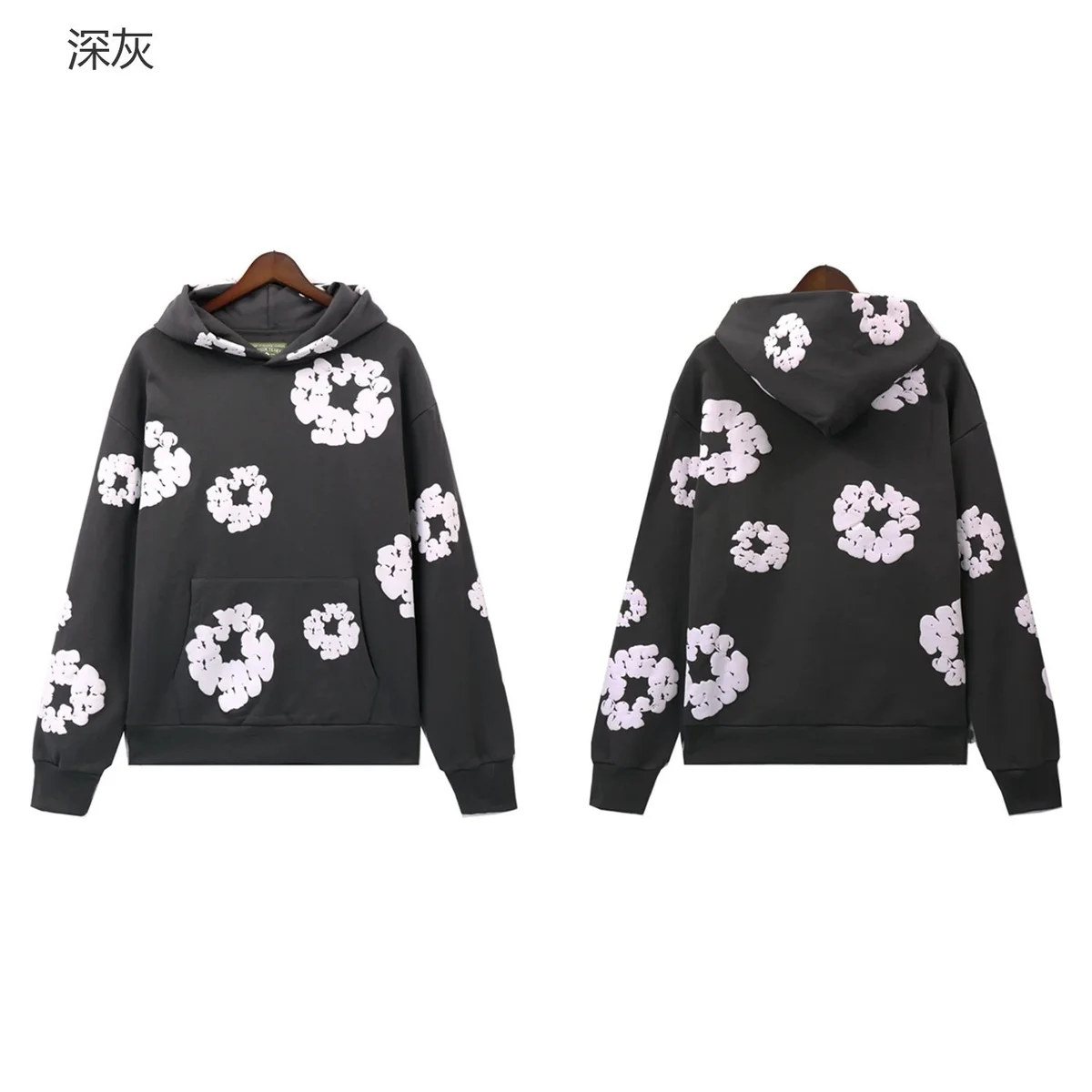 Other Unisex Deep Grey Hoodie with White Floral Print Grey - 1
