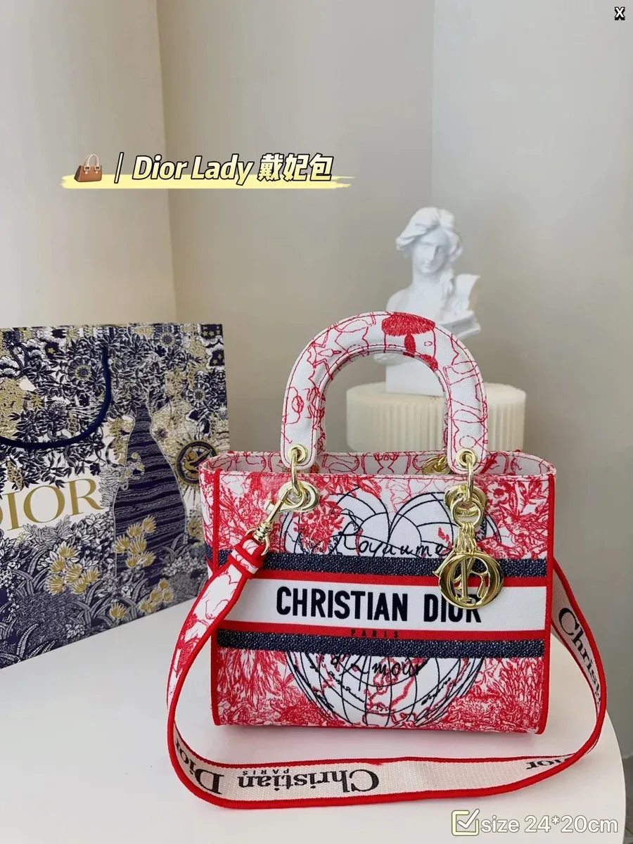 Dior Dior Lady Dior Red & White Canvas Tote Bag Red - 1