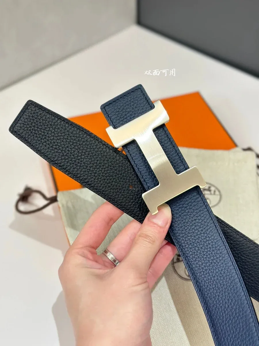 Hermès Hermès H Belt Navy/Black Reversible with Brushed Silver Buckle Navy