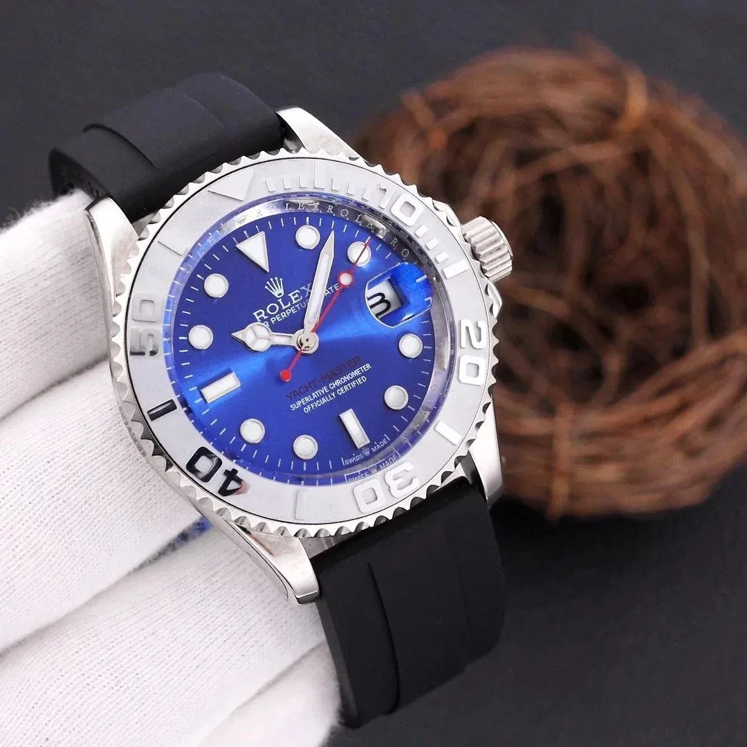 Rolex Rolex Yacht-Master Silver Case Blue Dial Black Rubber Strap Watch Blue