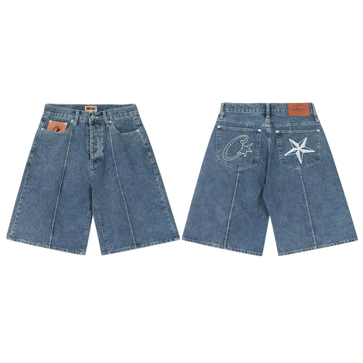 Other Unisex Denim Shorts with Star Embroidery Blue Blue - 1