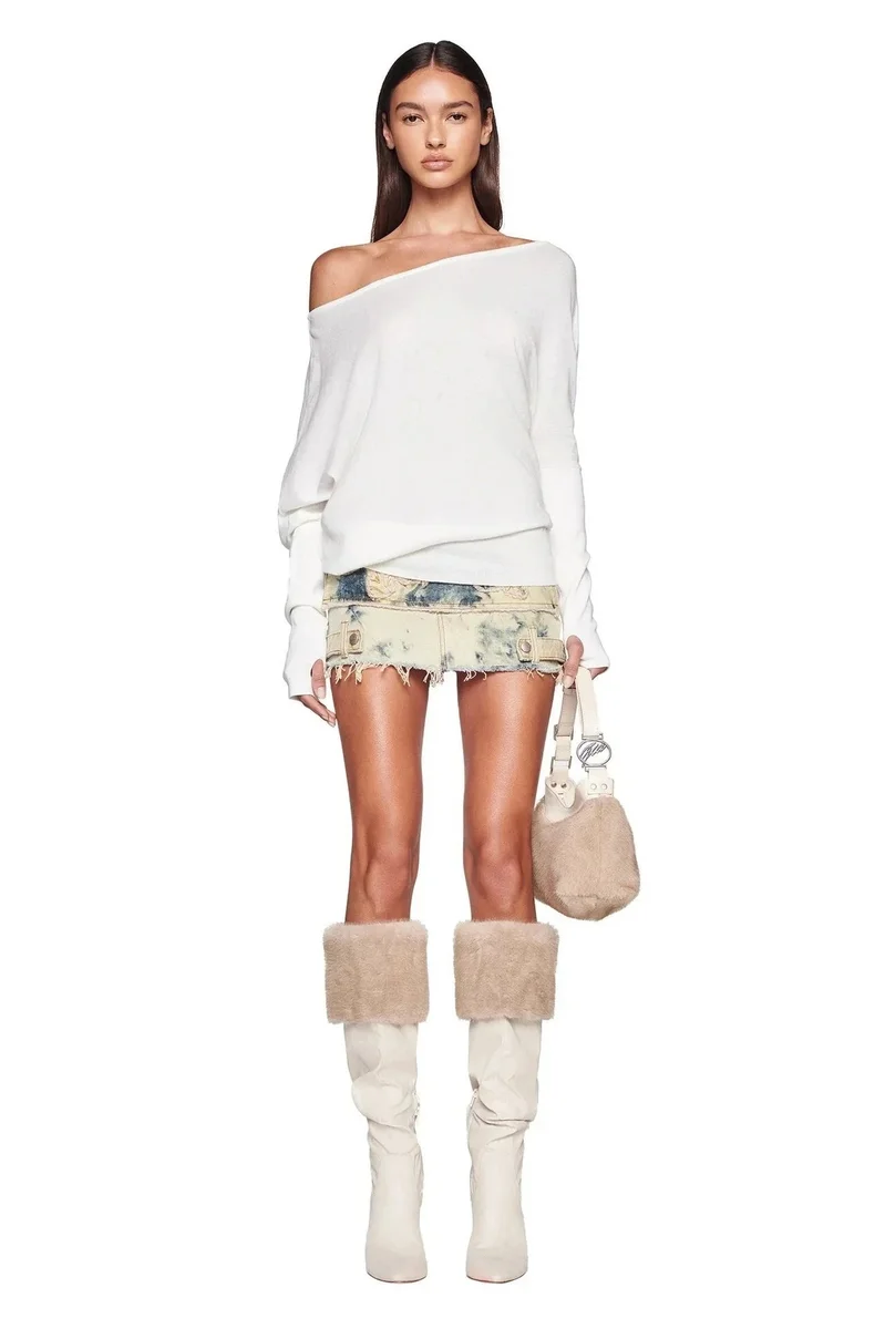 Other Off-the-Shoulder White Sweater with Denim Shorts White - 1