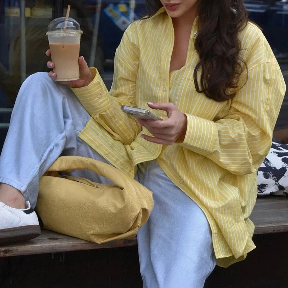 Other Yellow Striped Button-Up Shirt with Light Blue Jeans Yellow - 1