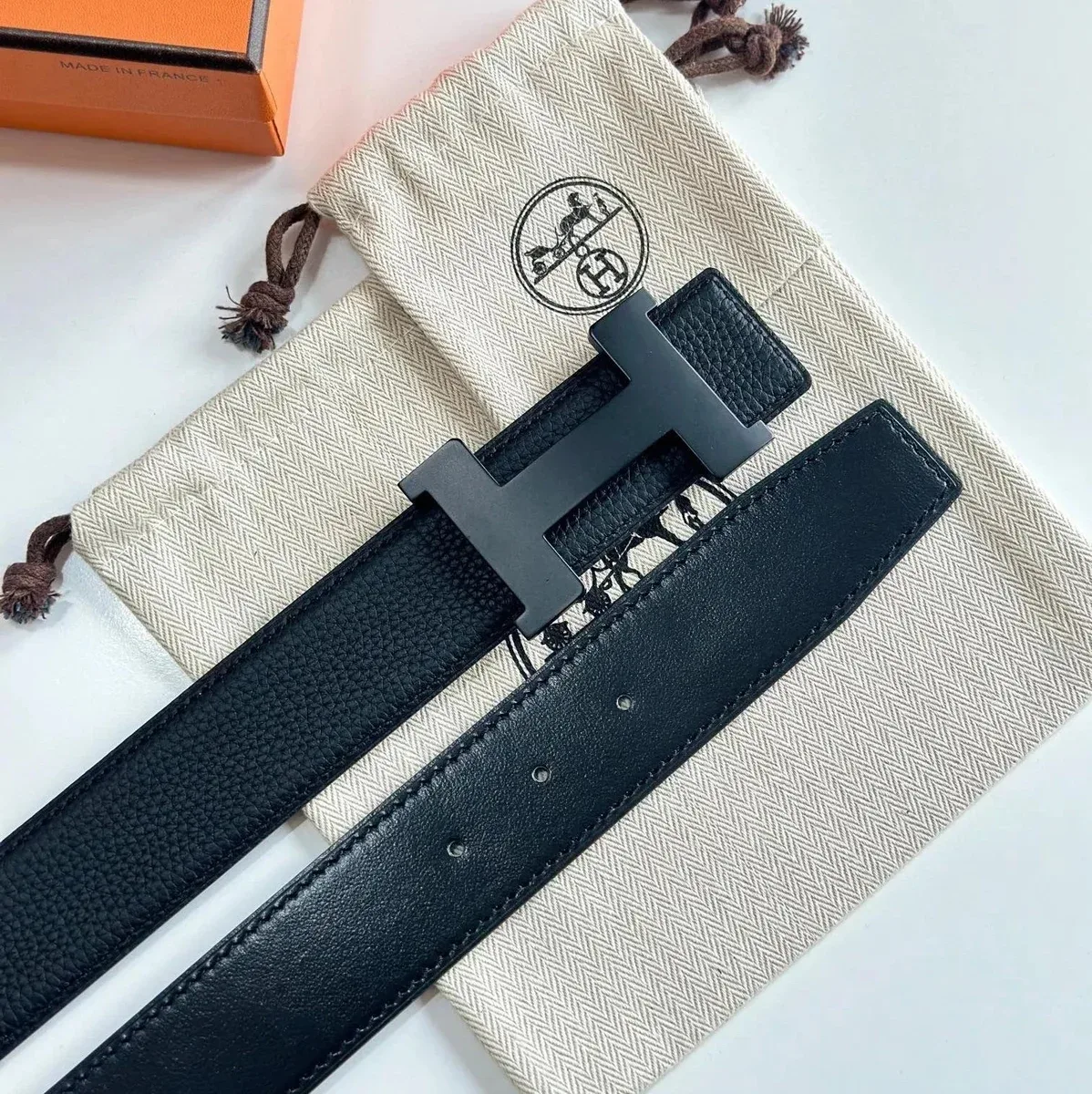 Hermès Hermès H Black Leather Belt with Matte Black Buckle Black