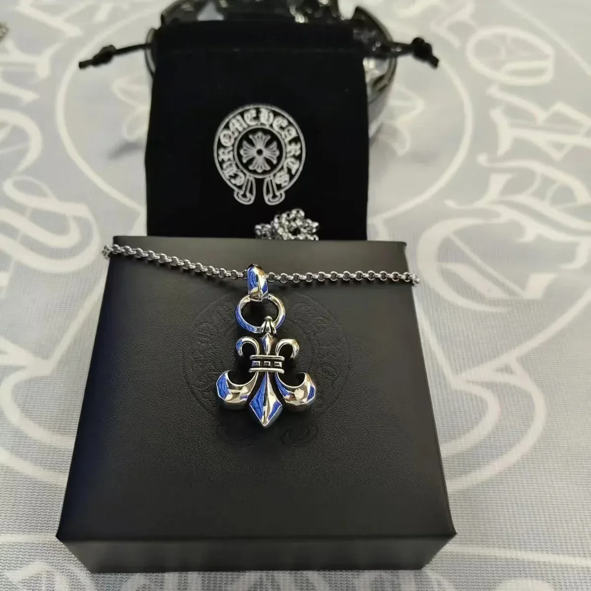 Chrome Hearts Chrome Hearts CH Cross Blue & Silver Fleur-de-Lis Necklace Silver