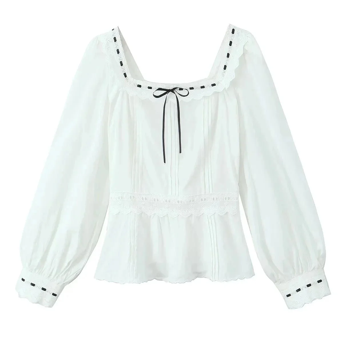 Other White Lace Detail Blouse with Bow Tie White - 1