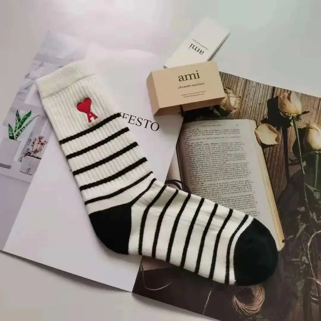 Ami Paris AMI White Striped Socks with Red Heart Logo White - 1