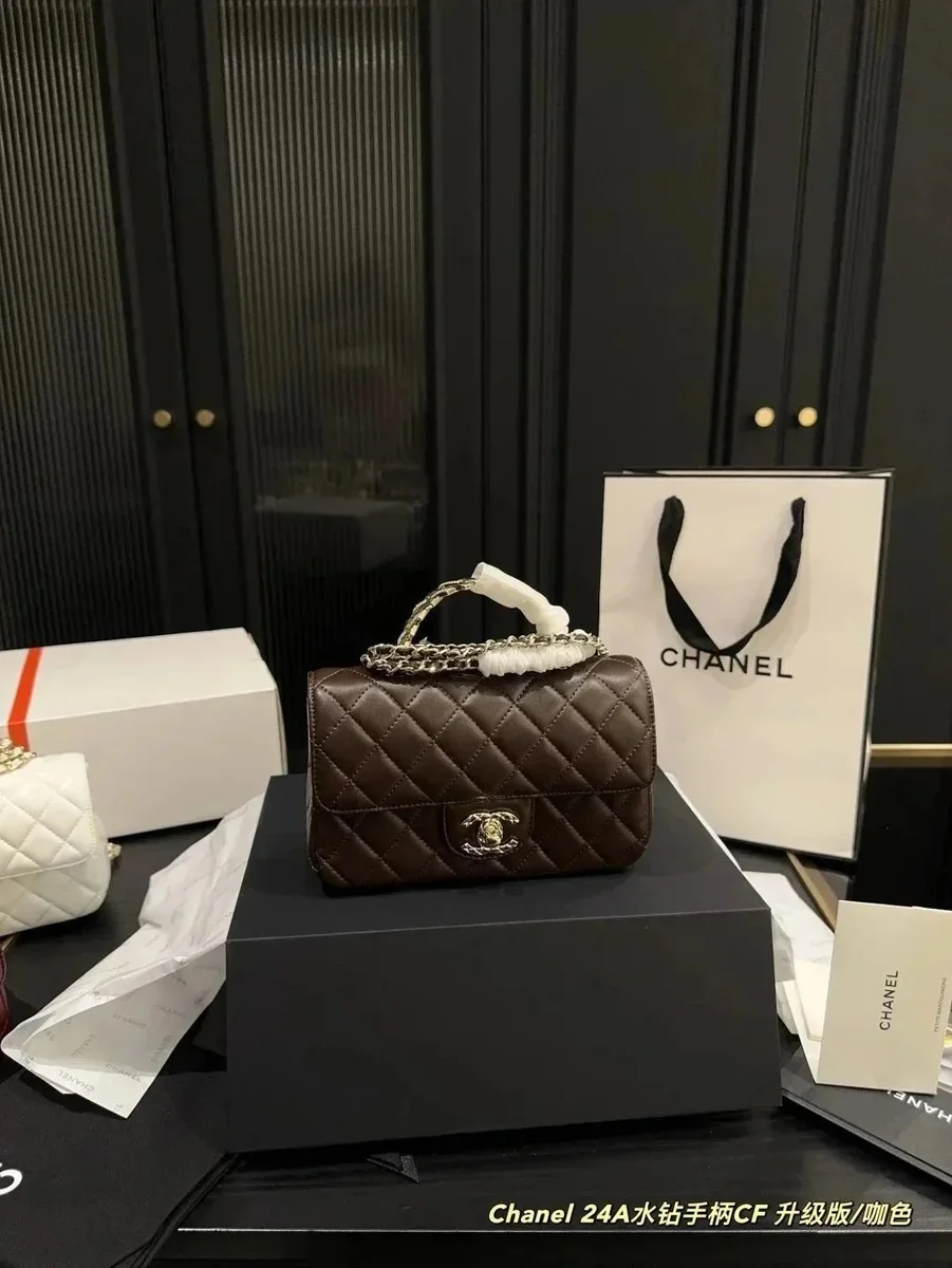 Chanel Chanel Classic Flap 24A Rhinestone Handle Coffee Handbag Brown
