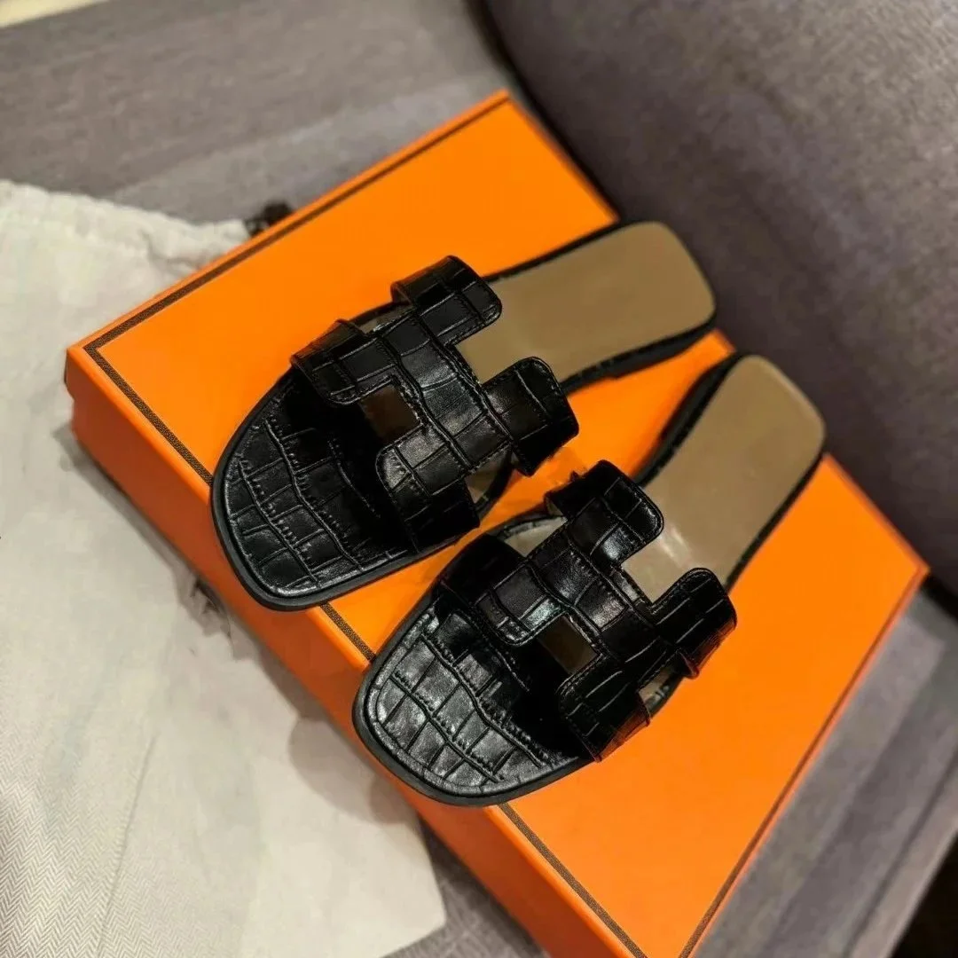 Hermès Hermès Birkin Black Crocodile Leather Slippers Black