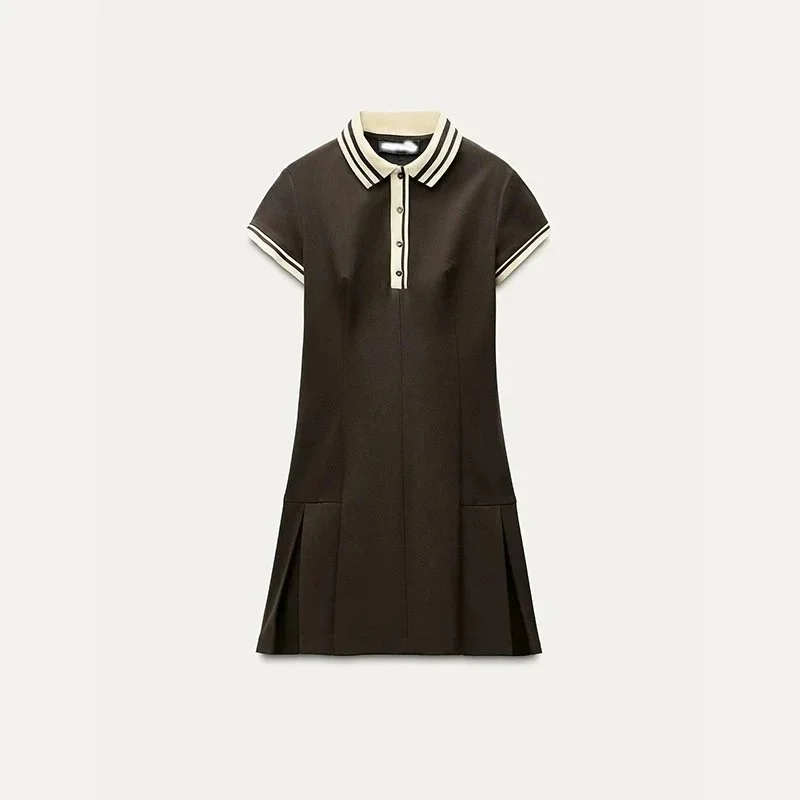 Other Polo Dress in Dark Brown with Striped Collar and Hem Brown - 1
