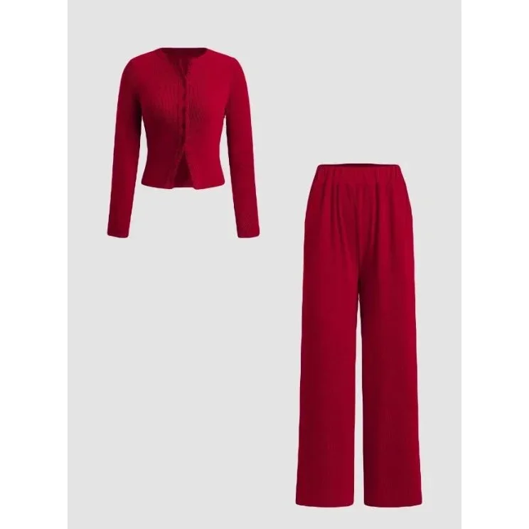 Other Red Solid Co-ord Set with Cardigan and Wide-Leg Pants Red - 1