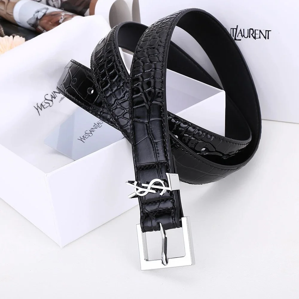 Saint Laurent Saint Laurent Black Crocodile Texture Belt with Silver Buckle Black - 1