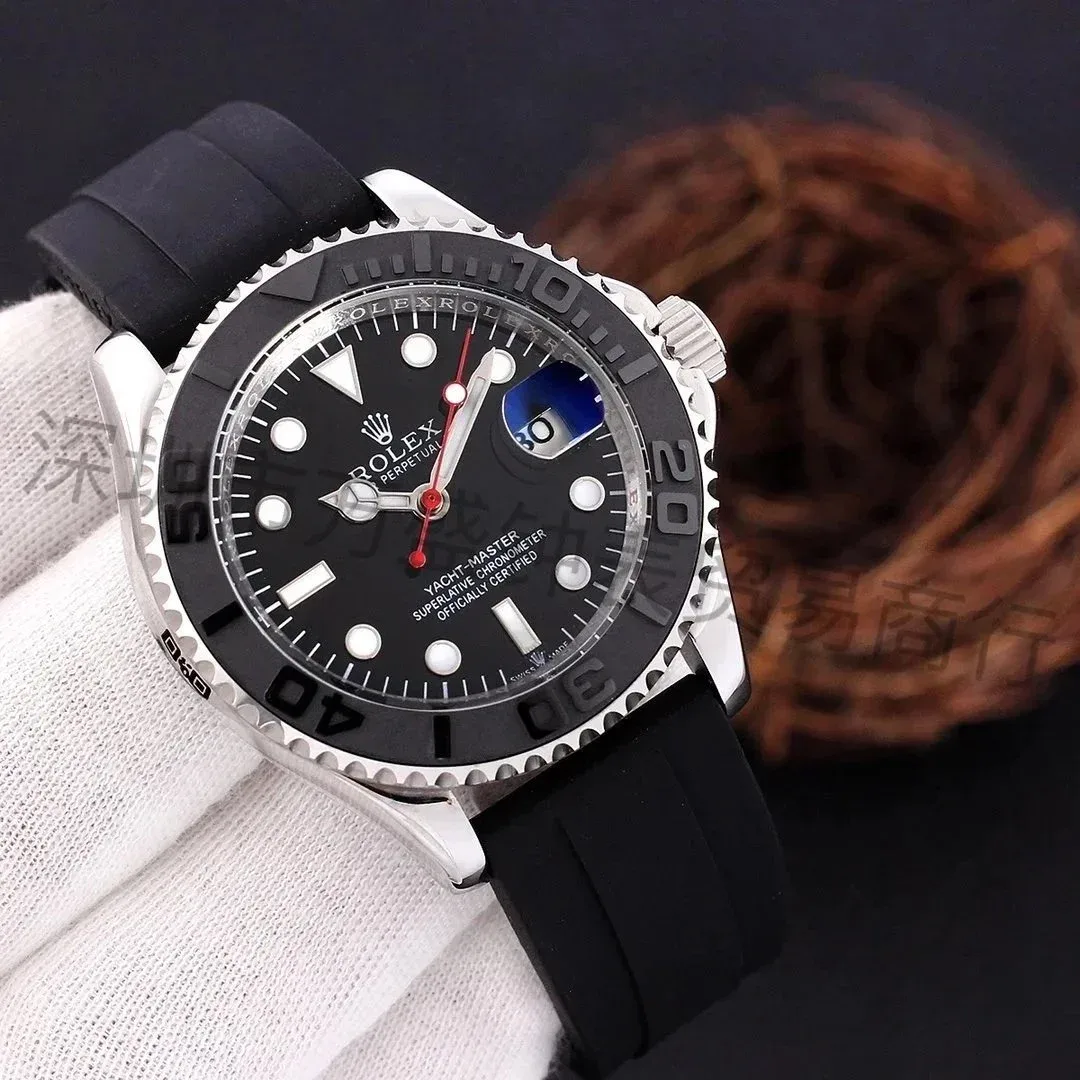 Rolex Rolex Yacht-Master Silver Case Black Dial Black Rubber Strap Watch Black - 1