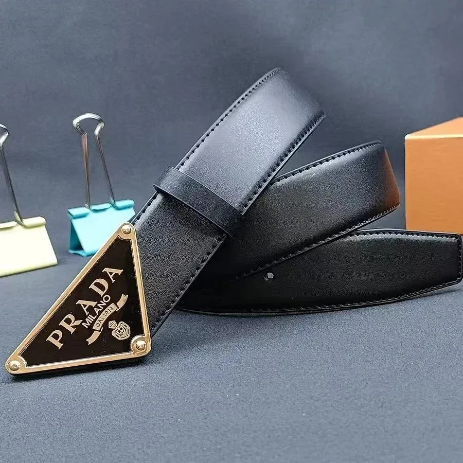 Prada Prada 3.8 Triangle Gold Buckle Smooth Black Belt Black