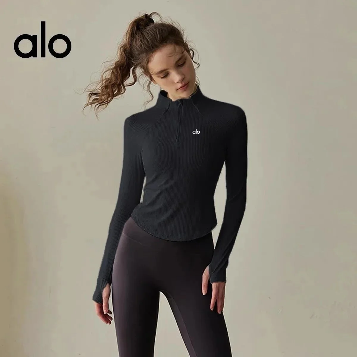 Alo Yoga Alo Ribbed Zip Neck Top Black Yoga Wear Black - 1
