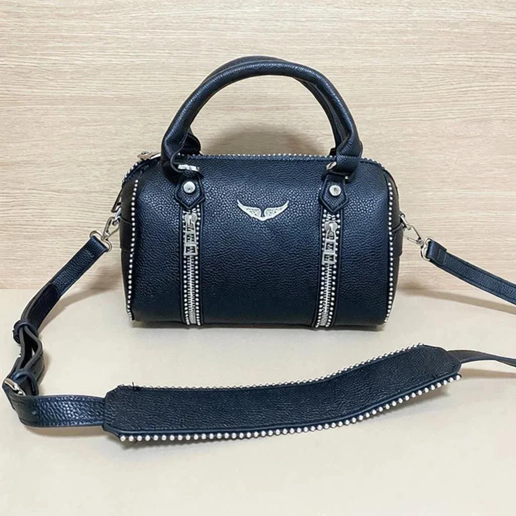 Other Black Leather Barrel Bag with Silver Zippers and Wing Logo Black - 1