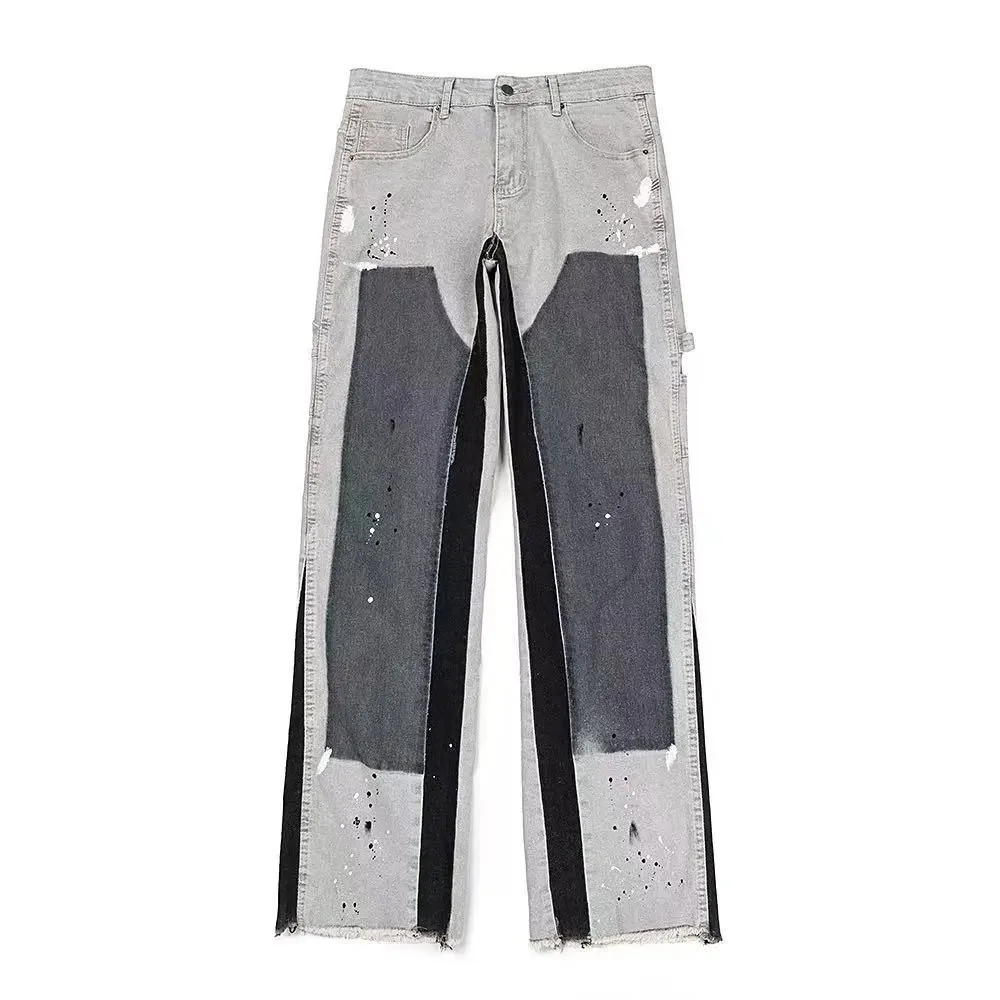 Other Unisex Distressed Painter Jeans with Contrast Panels Grey - 1