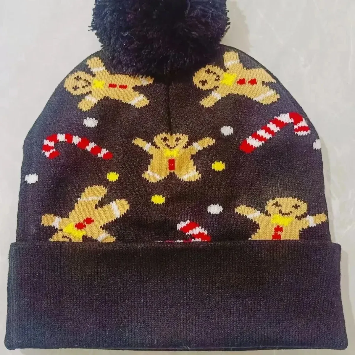 Other Gingerbread Man Pattern Beanie - Festive Winter Knit Hat Black - 1