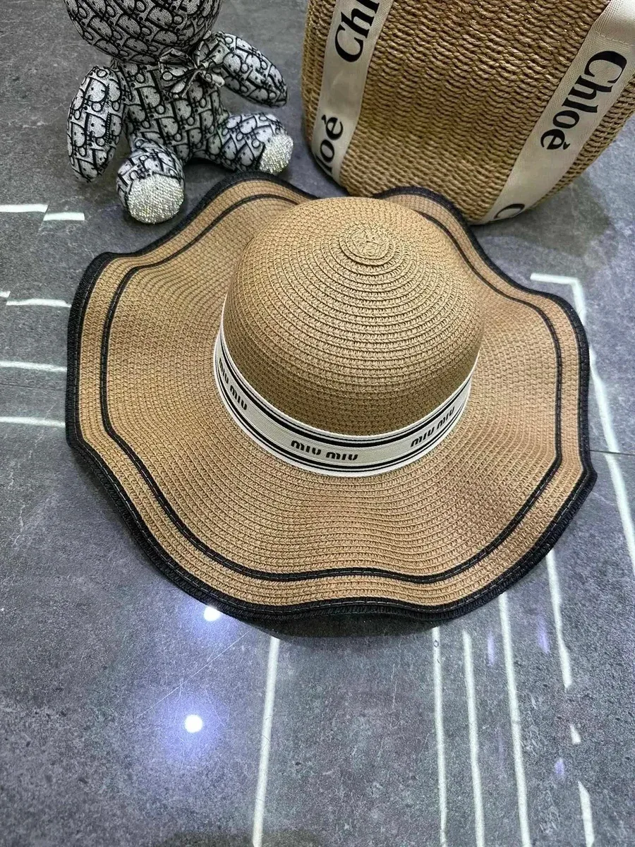 Miu Miu Miu Miu Wide Brim Straw Hat Beige/Black Beige