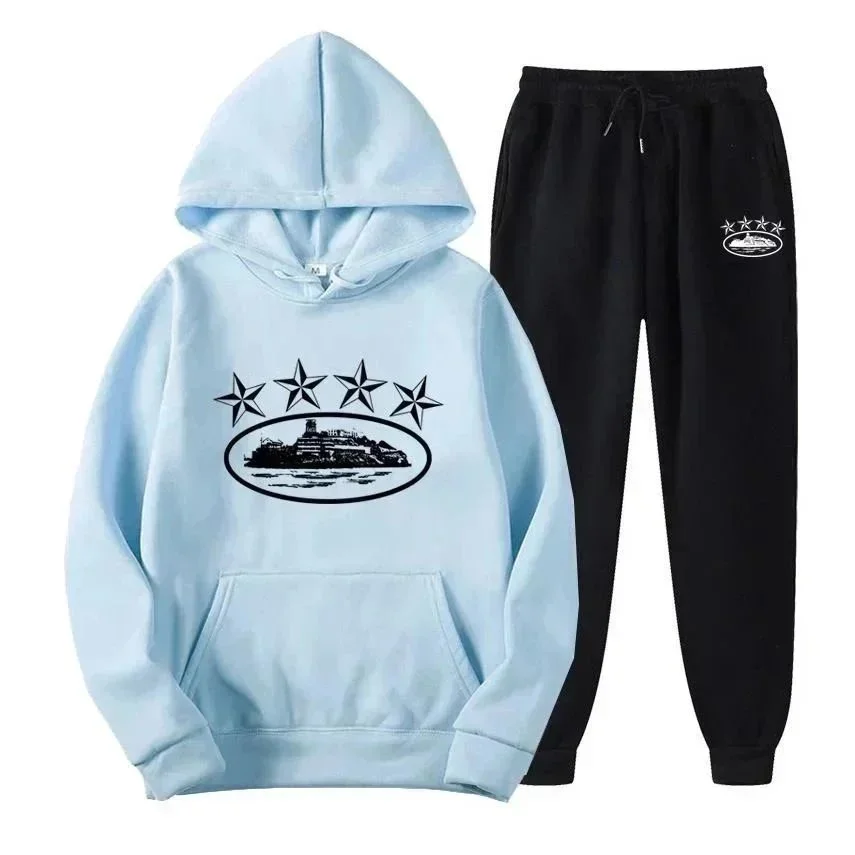 Other Light Blue & Black Hoodie & Pants Set DD-012 Black - 1
