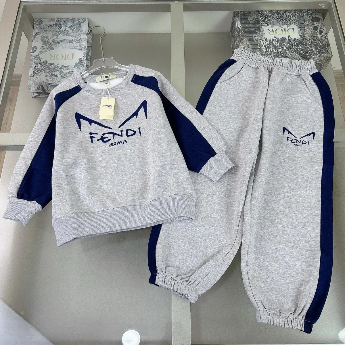 Fendi Fendi Heather Grey/Navy Blue Kids Tracksuit Set Grey