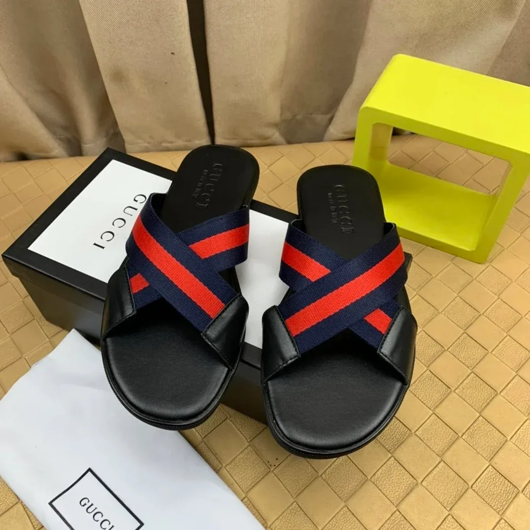 Gucci Gucci Web Stripe Navy/Red Slide Sandals Black