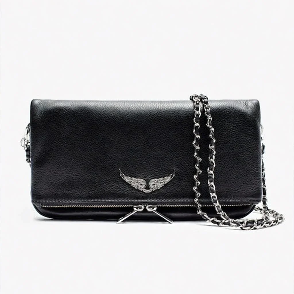 Other Black No Fringe Leather Clutch Bag with Chain Strap Black - 1