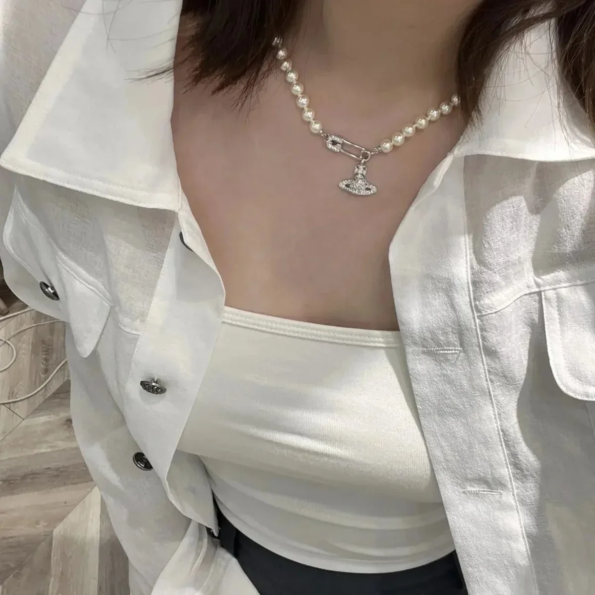 Vivienne Westwood Vivienne Westwood Orb Pearl Necklace with Saturn Pin Silver - 1