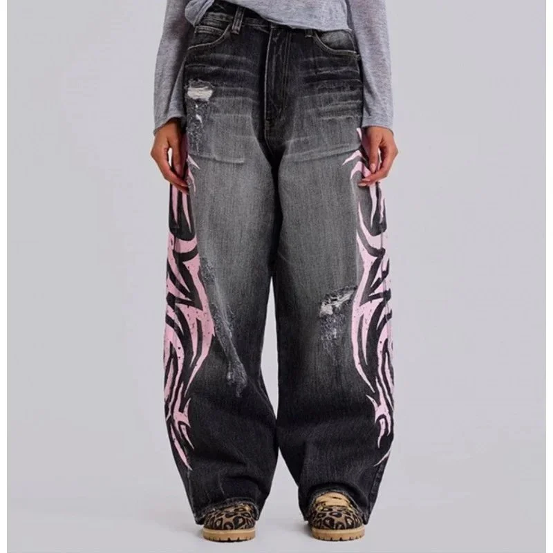 Other Graphic Print Distressed Jeans Pink Flames Denim Black - 1