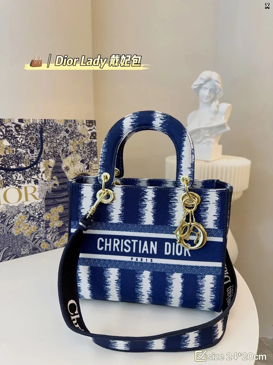 Dior Dior Lady Dior Blue White Striped Tote Bag Blue - 1
