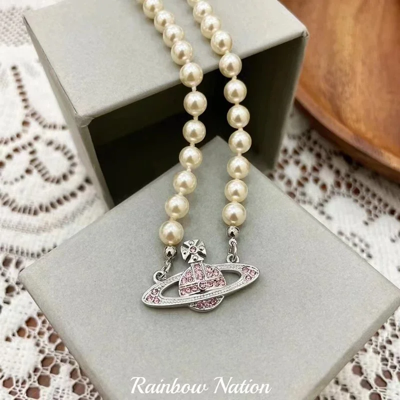 Other Pearl Saturn Necklace with Pink Crystal Chain Tail Silver - 1