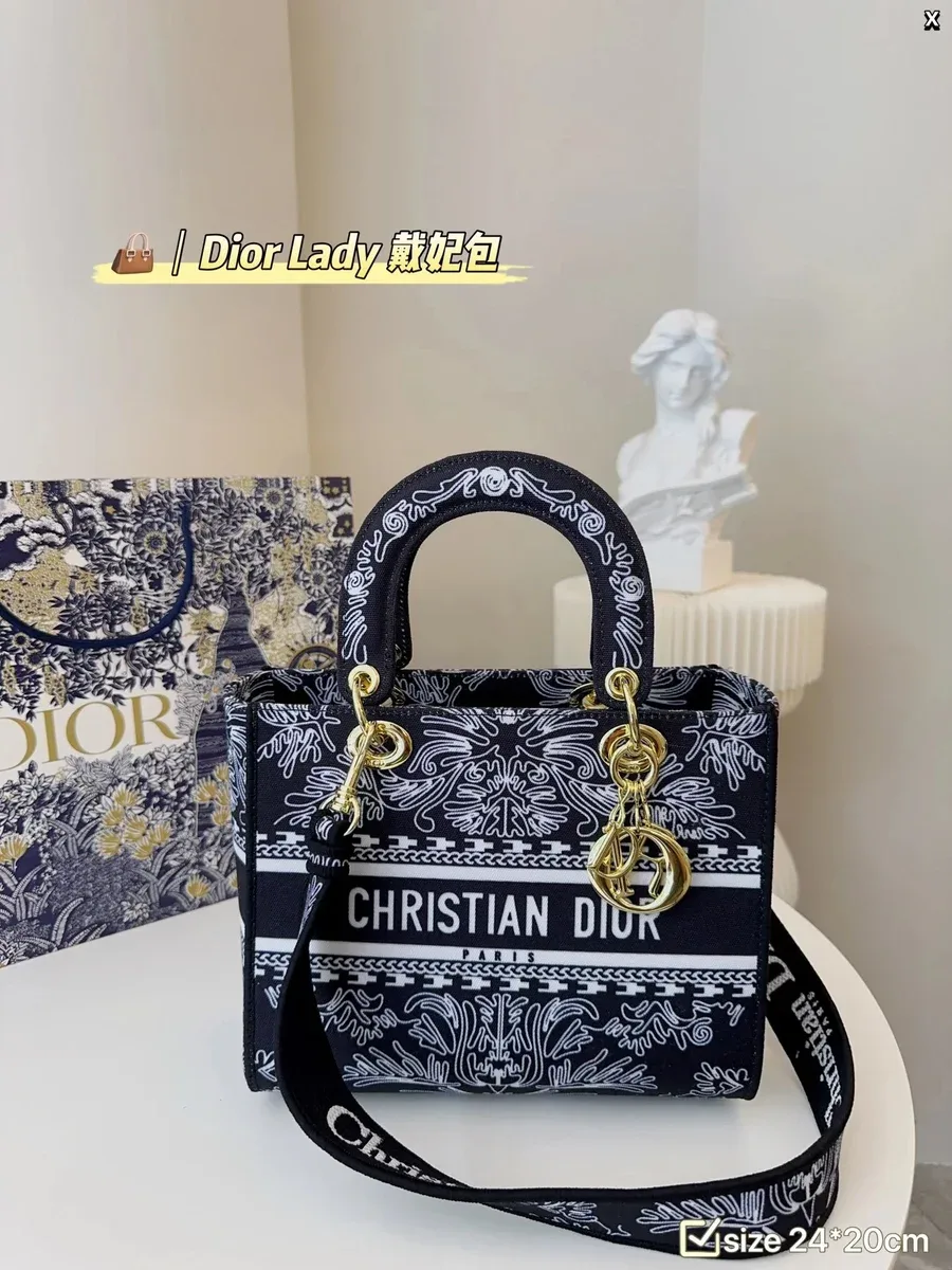 Dior Dior Lady Dior Black & White Floral Print Tote Bag Black - 1