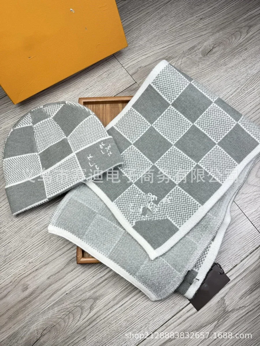 Other Light Grey Checkered Knit Beanie and Scarf Set Grey - 1