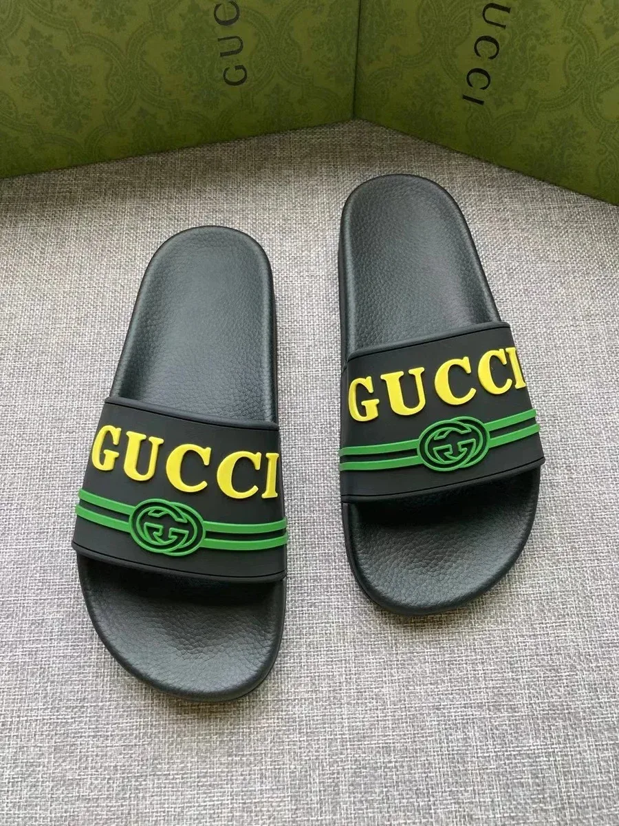 Gucci Gucci Black/Green Logo Slide Sandals Black - 1