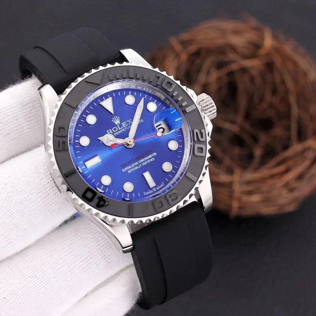 Rolex Rolex Yacht-Master Silver Case Blue Dial Black Rubber Strap Watch Blue